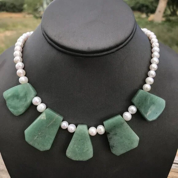 Genuine Natural Jade Nephrite Pearl Cleopatra Necklace Sterling Silver 925